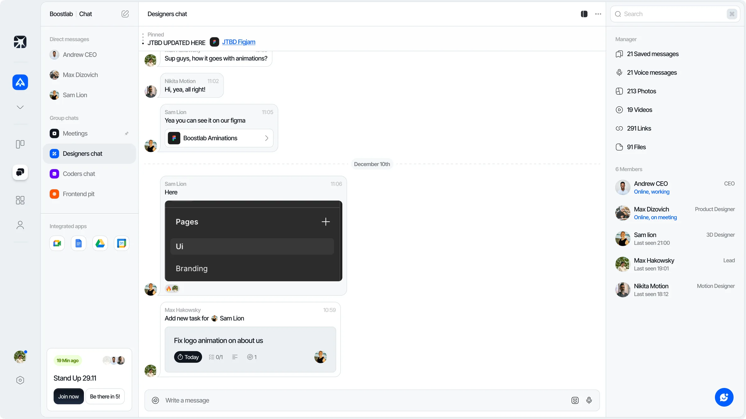 Axis team chat with files, task capture and member presence