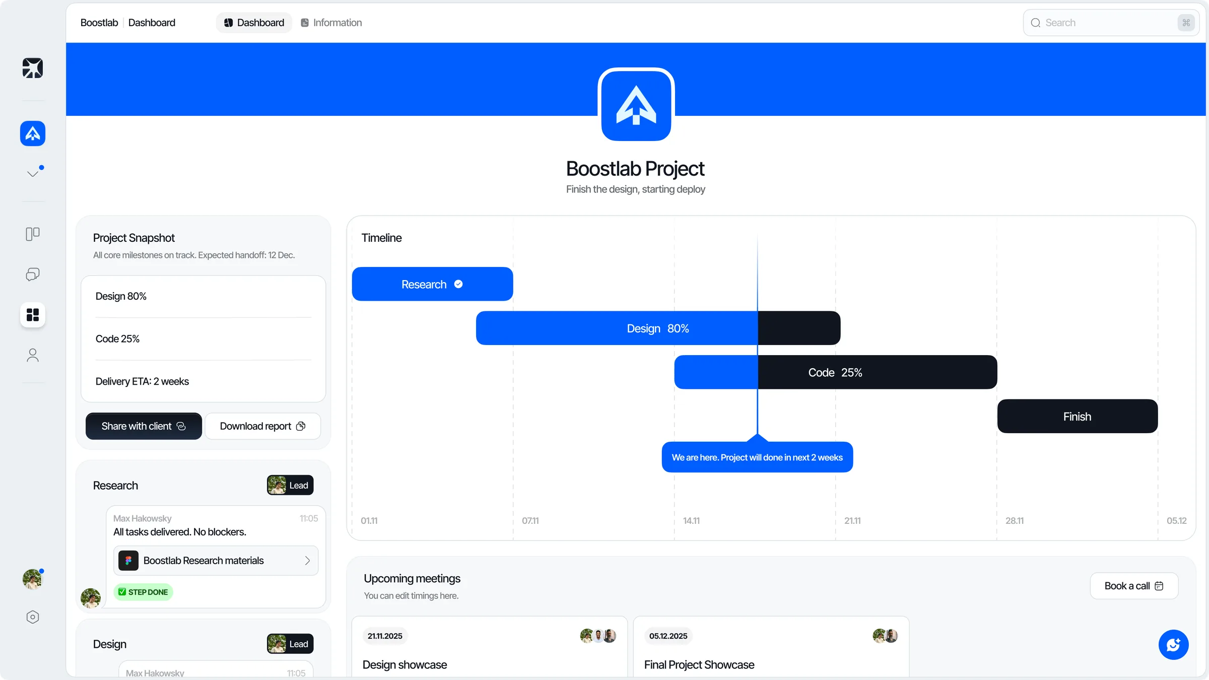 Axis client dashboard with project timeline and completion per discipline