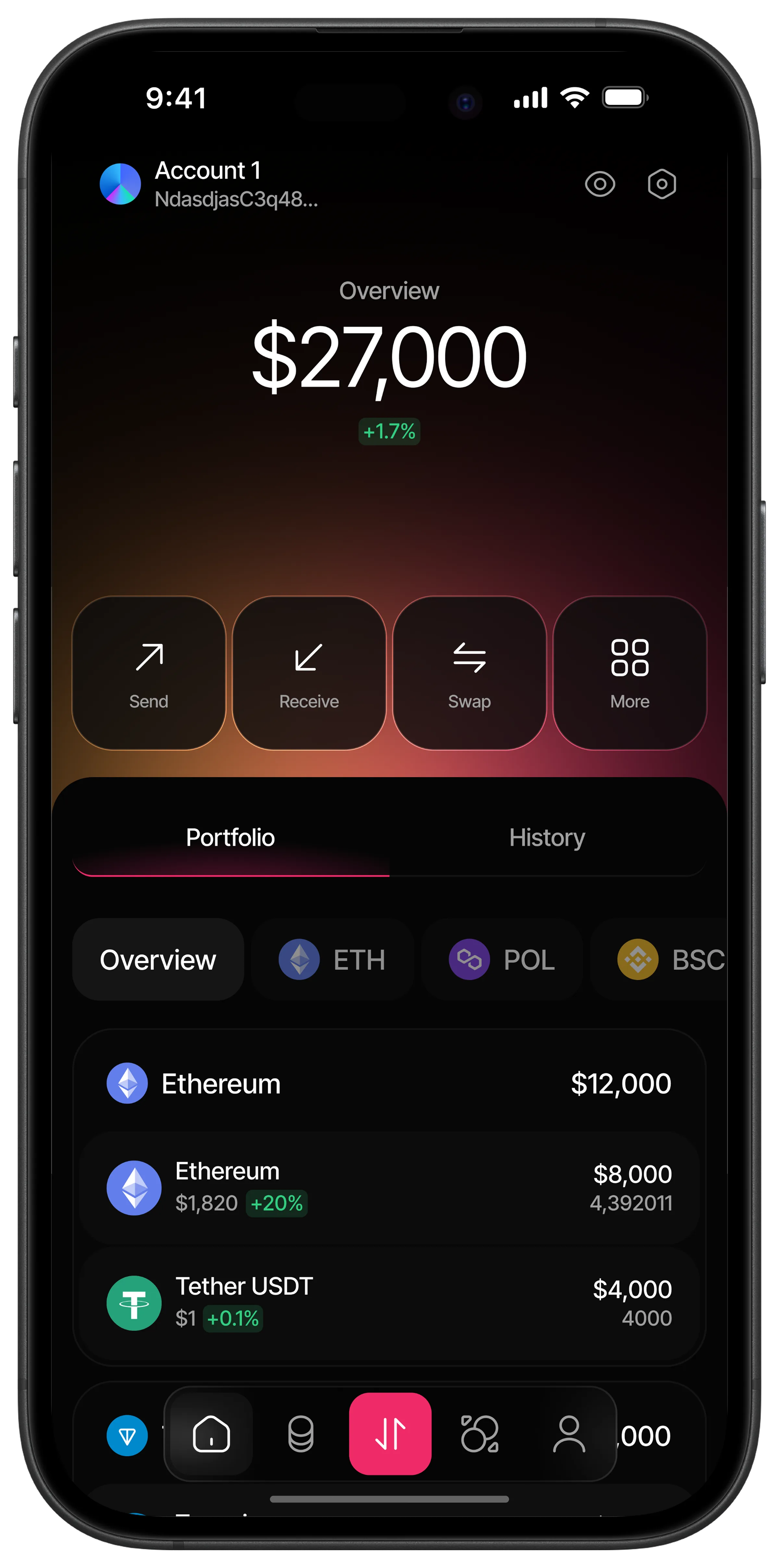 BBDEX portfolio overview with total balance and the core wallet actions
