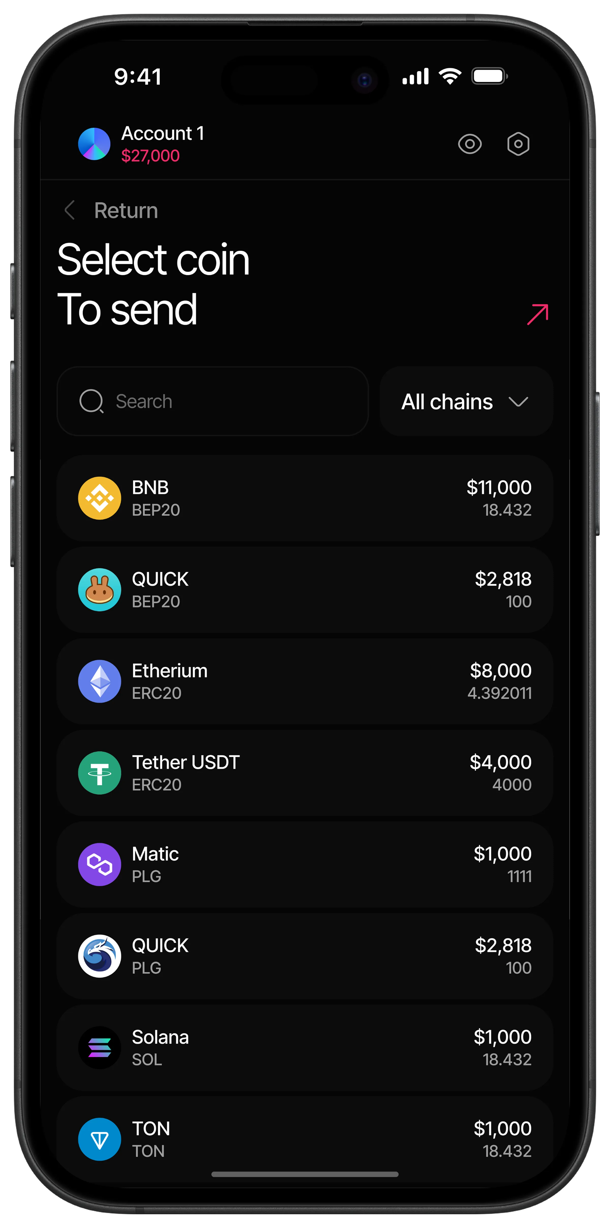 BBDEX coin picker for a send, with balances across chains