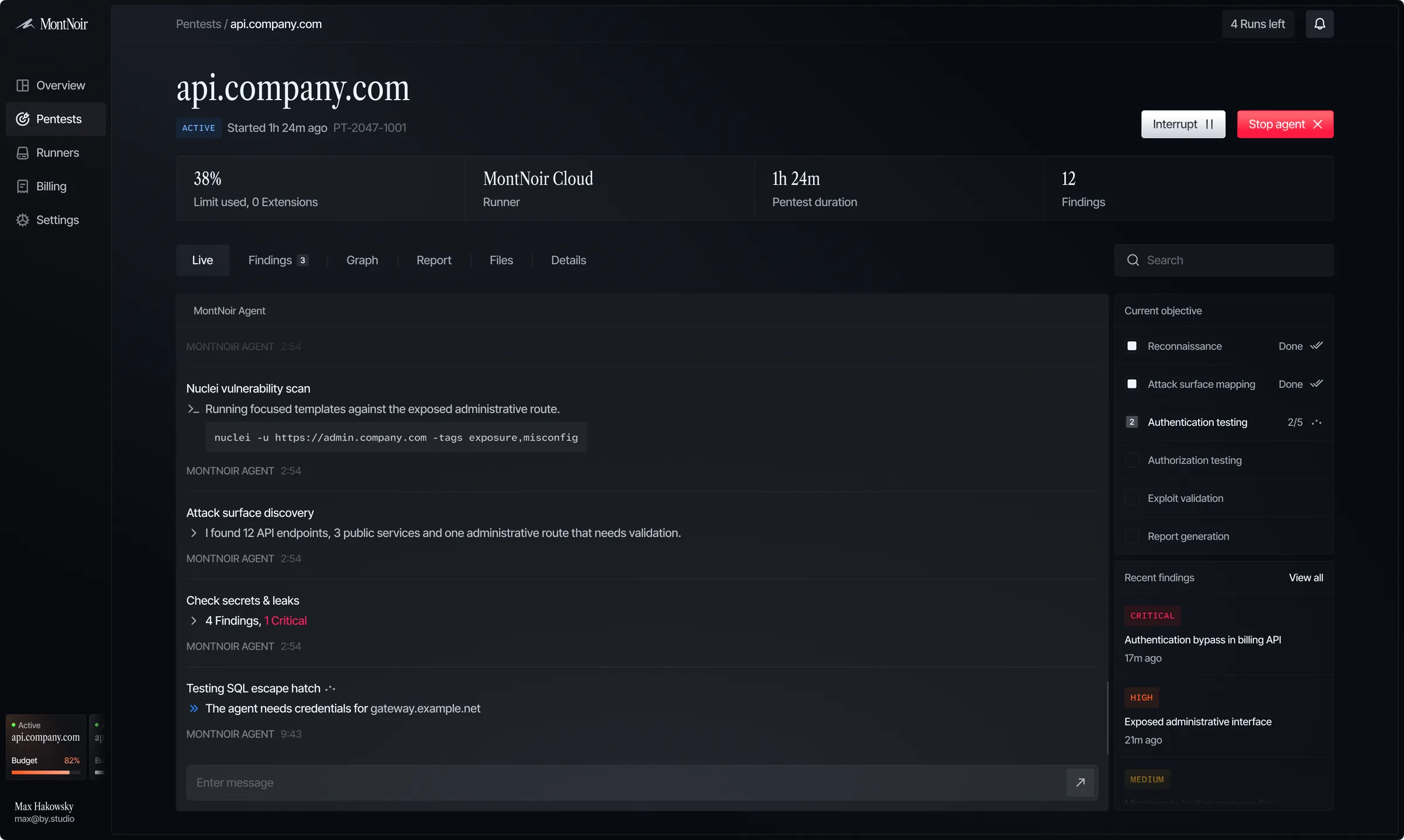 MontNoir live investigation log as the agent works through a target
